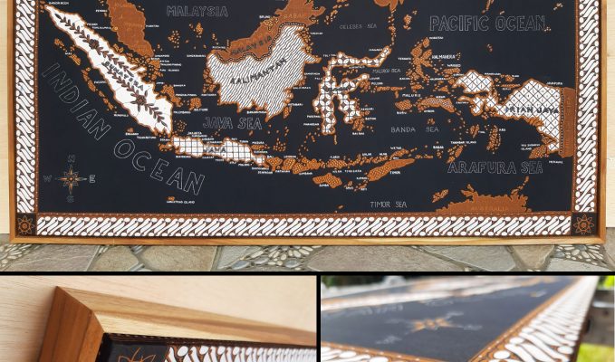 Indonesian Batik Map Wall Decor Floater Frame Teak Wood